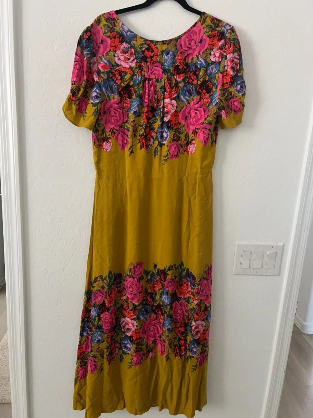 Free People Mustard Floral Midi Dress Women's M Boho Cottagecore Button Front